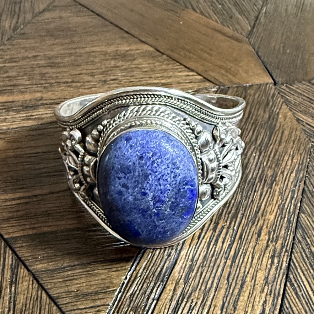 Heavy Vintage Bohemian Lapis Lazuli Sterling Silver Wide Cuff Bracelet 112g